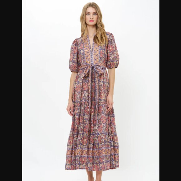 Oliphant Dresses & Skirts - Oliphant Puff Sleeve Maxi Dress in Matera Navy Size Small